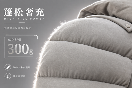 直观展示90%鹅绒的蓬松度与填充厚度