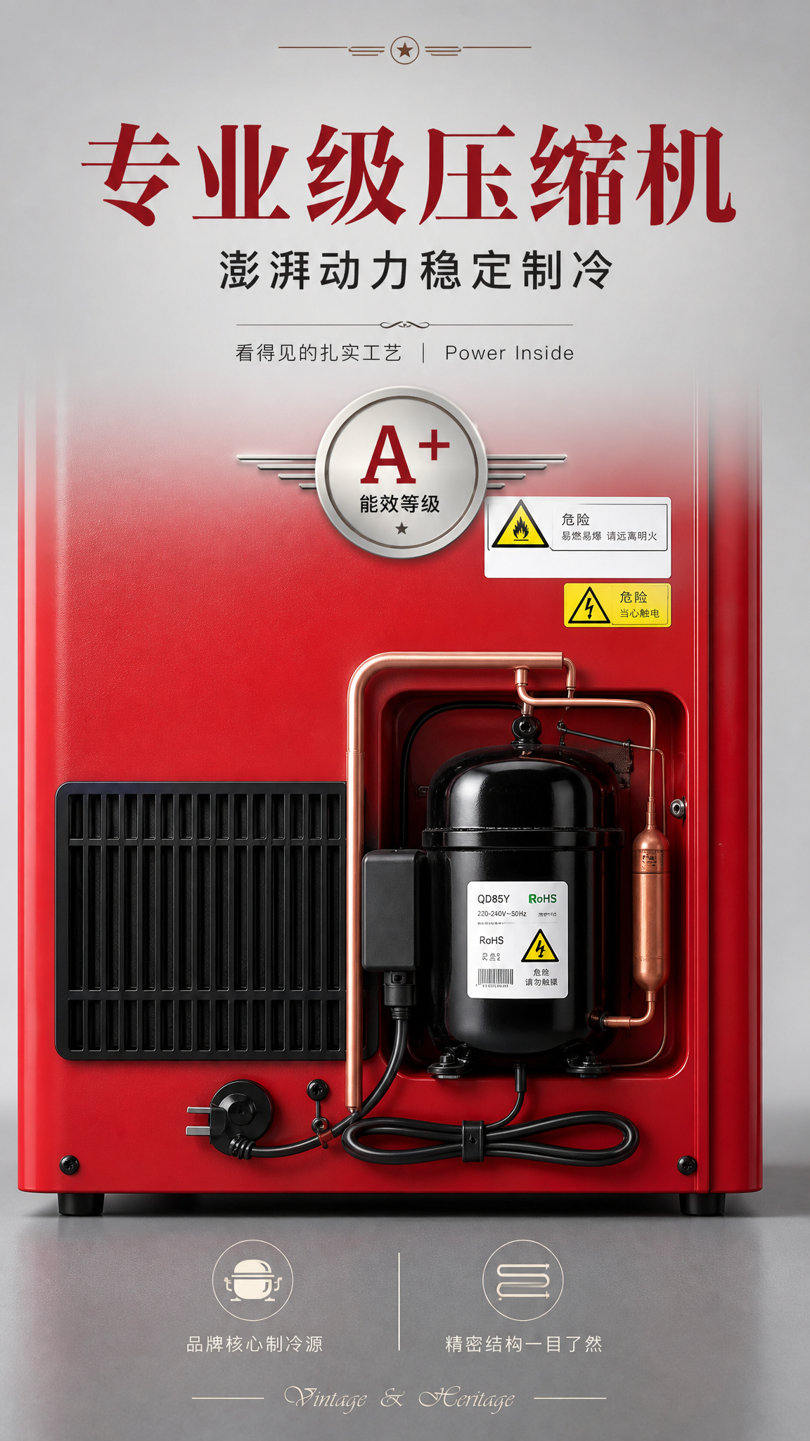 产品干预说明，展示背部压缩机结构图，体现专业度