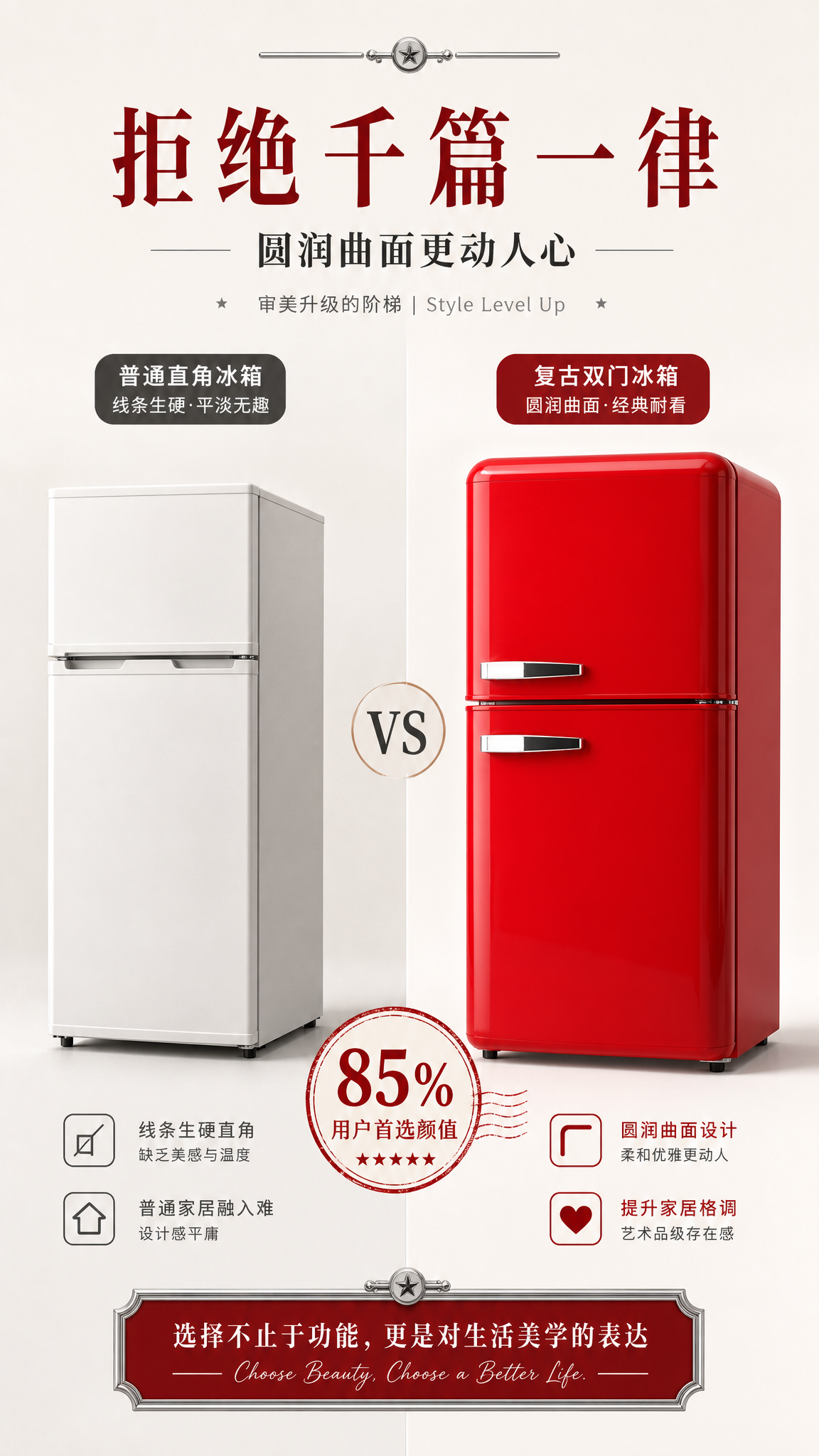 对比法，展示本品与普通直角冰箱的视觉差异