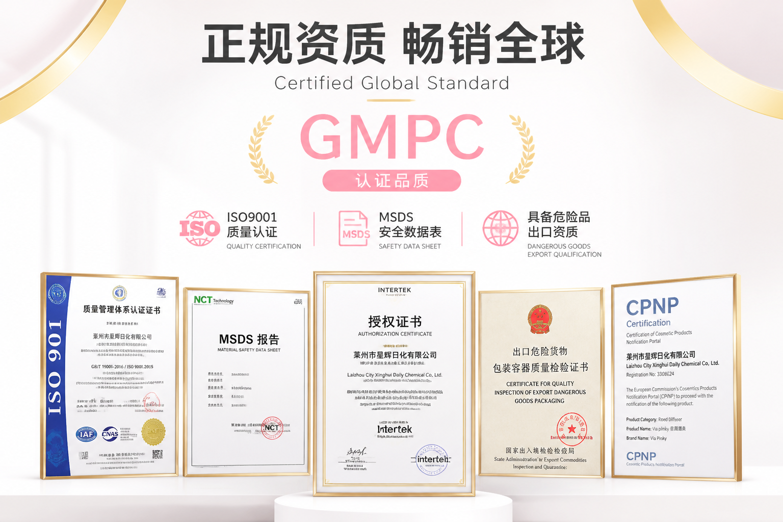集中展示ISO/MSDS/GMPC等证书，破除准入疑虑