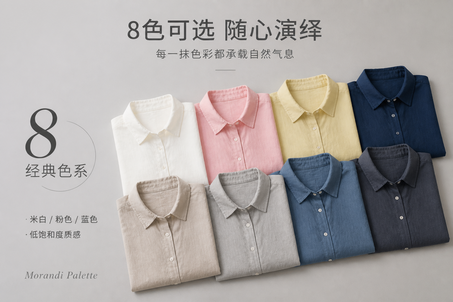 多色展示，呈现8种可选色彩的高级感