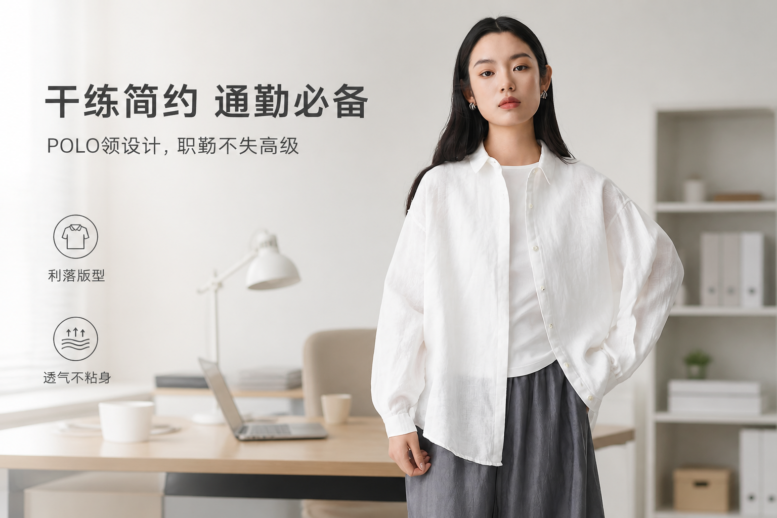 办公场景应用，展示白色款的正式感