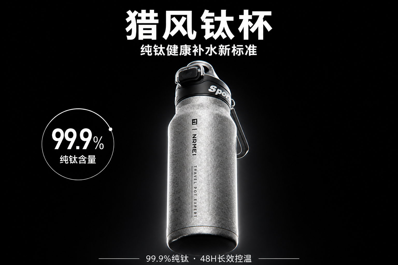 产品首图，展示产品硬核外观与核心参数。要求：严格复刻参考图中的1000ml银灰色瓶身、黑色杯盖及冰花纹理，品牌Logo位置及字体一致。