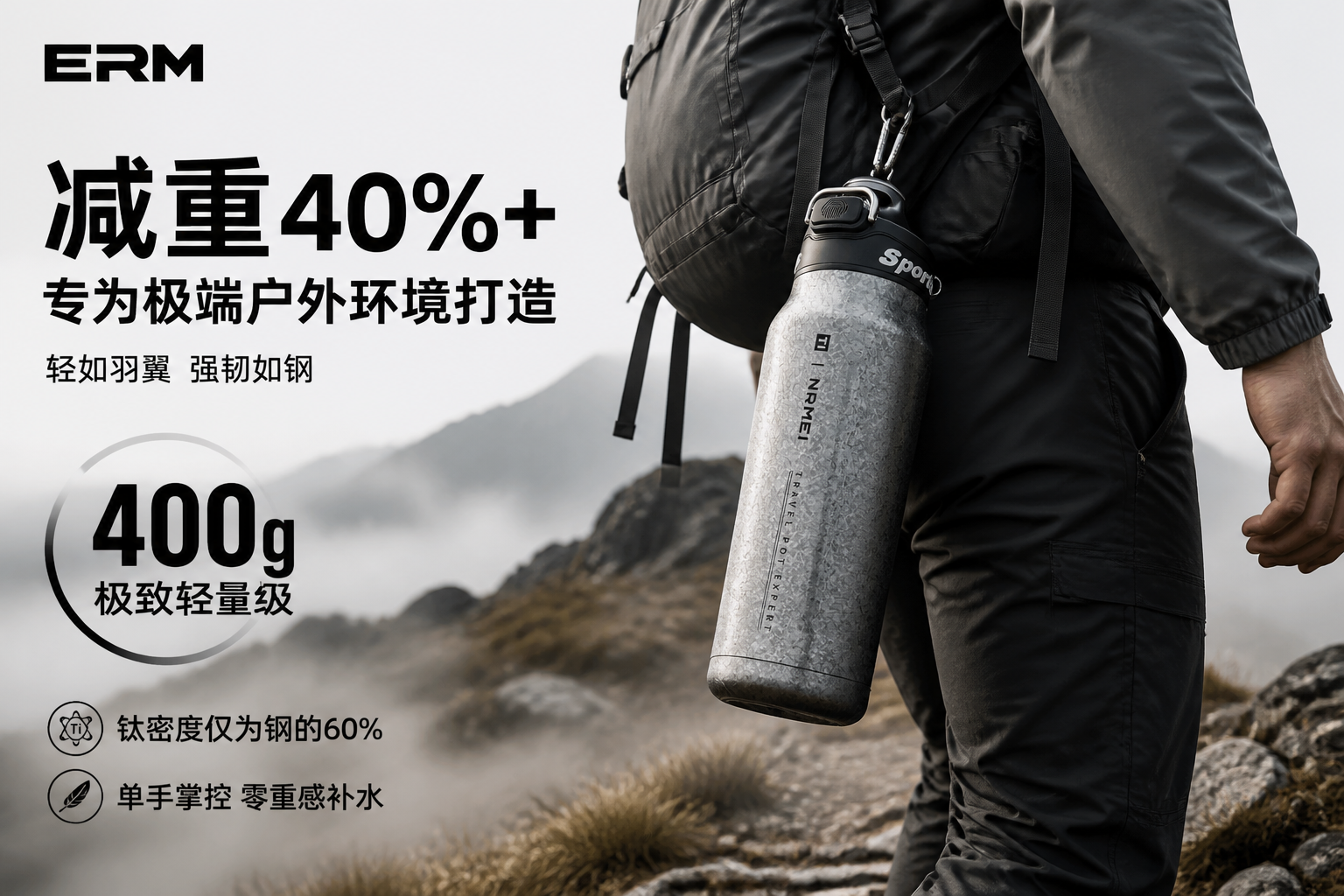 场景化展示。一名男性徒步者背着包，水壶挂在包侧，强调轻便。