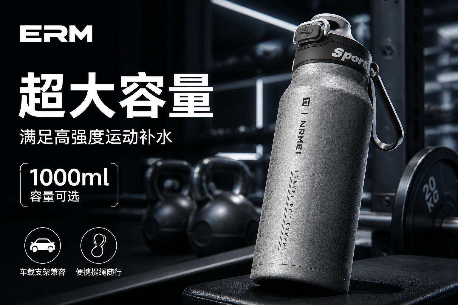健身房场景。产品放置在力量训练器材旁，体现“硬核男士”定位。
